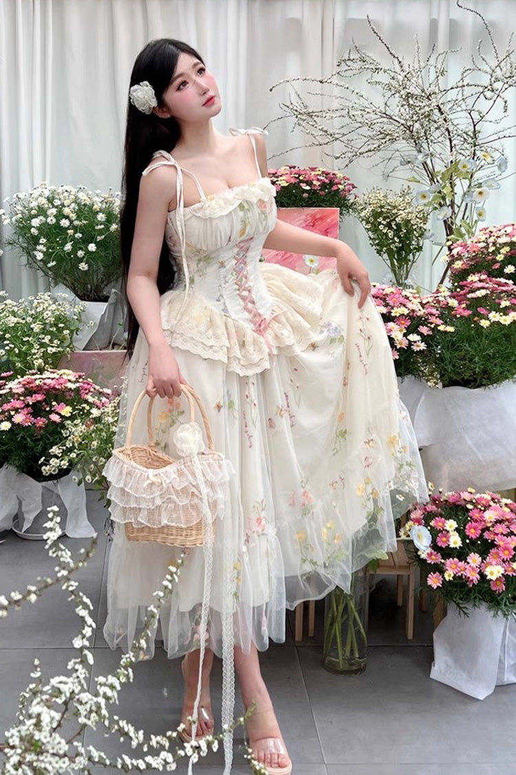 Off White Spring Bouquets Romantic Ruffle Embroidery Bowknot Mesh Sweet Lolita Jsk Dress