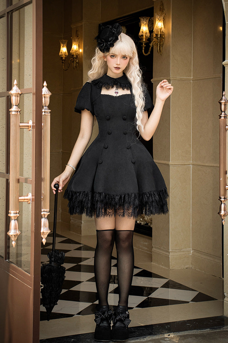 Schwarzes [Mitternachtsflüstern] Doppelt geknöpftes Kurzarm Hohles Gothic Lolita Kleid 