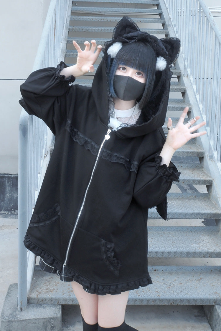 Black Long Sleeves Cat Ears and Tail  Ruffle Bowknot Hooded Gothic Jirai Kei Coat