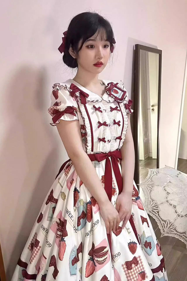 Multi-Color Strawberry Bowknot Print Short Sleeves Long Version Sweet Lolita Dress
