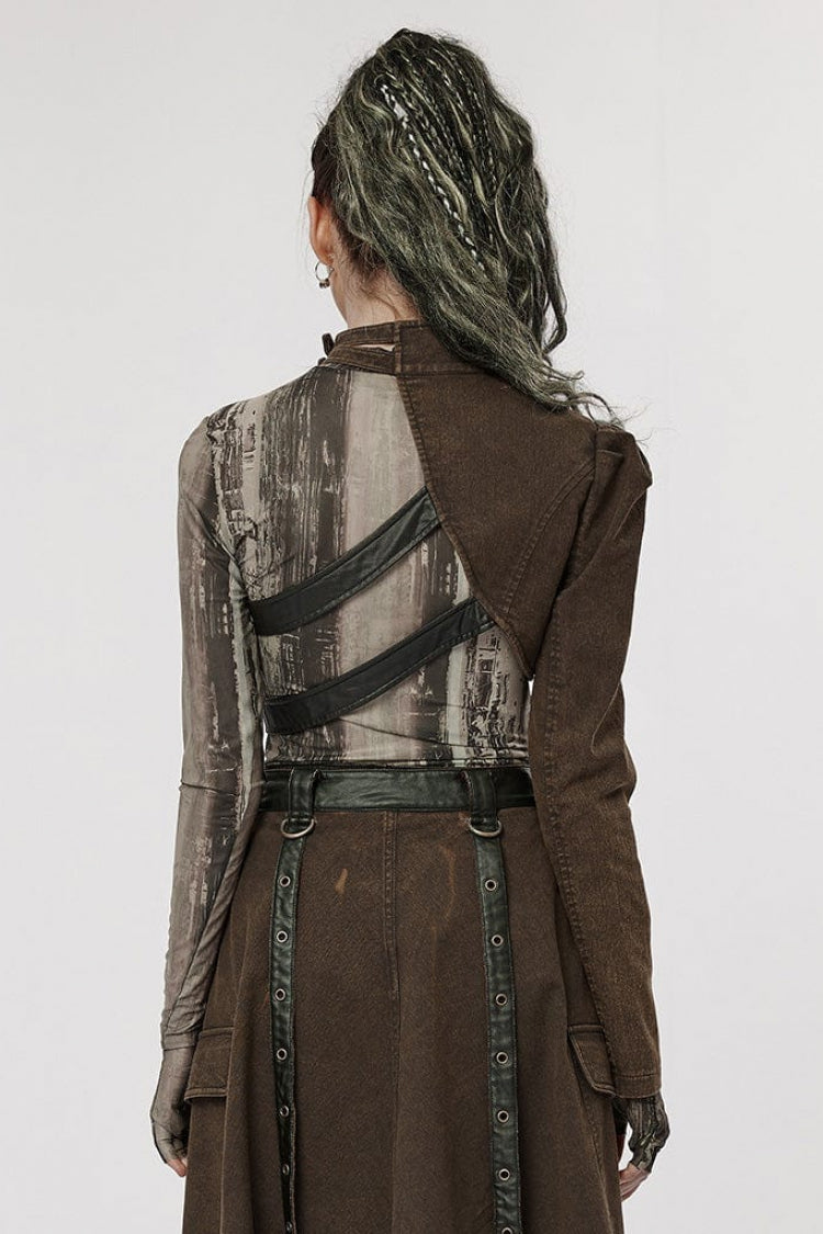 Damen Stehkragen Nietenschnalle Steampunk Einarmjacke 2 Farben