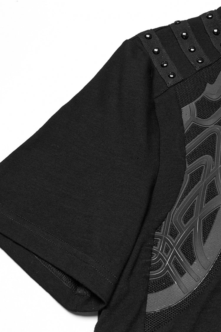 T-shirt punk pour homme à manches courtes et col rond noir avec sangle à boucle cloutée 