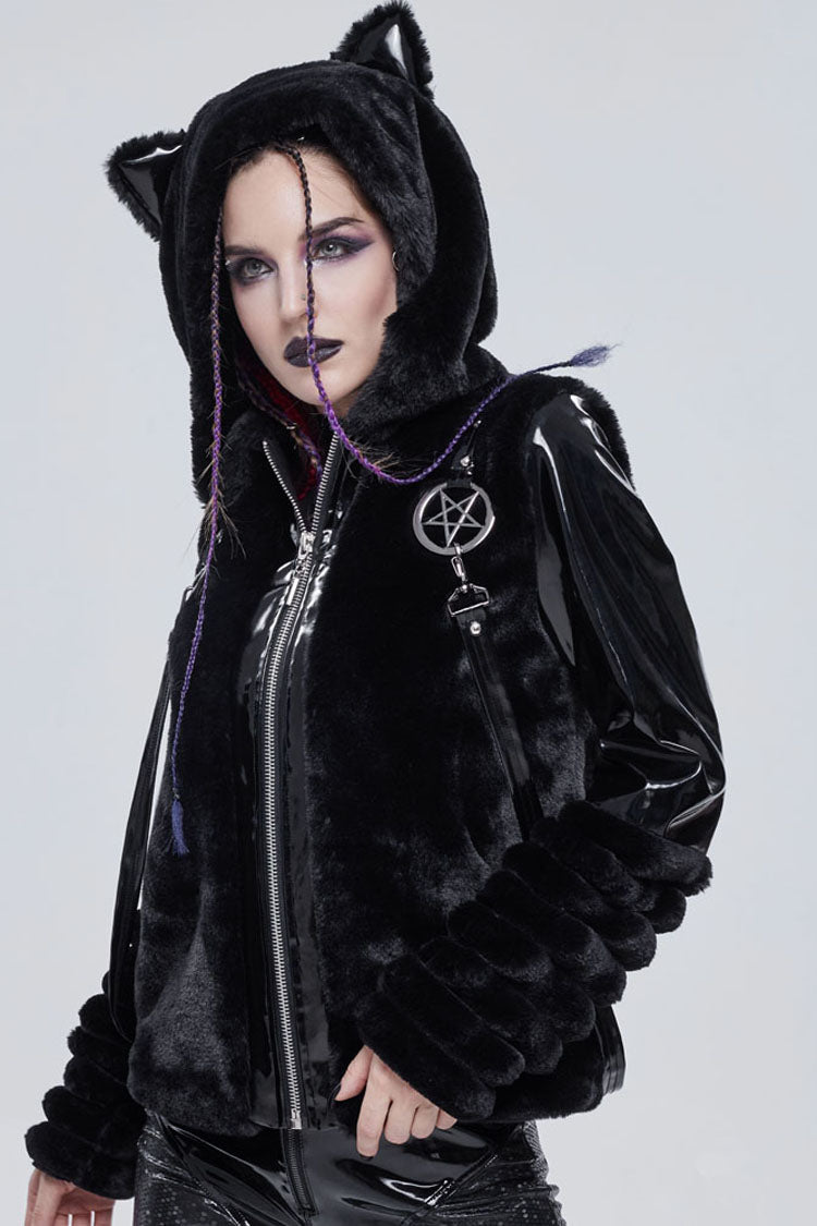 Black Punk Cuff Pleated Design Metal Five-Pointed Star Shape Belt Decoration Cat Ear Women's Coat