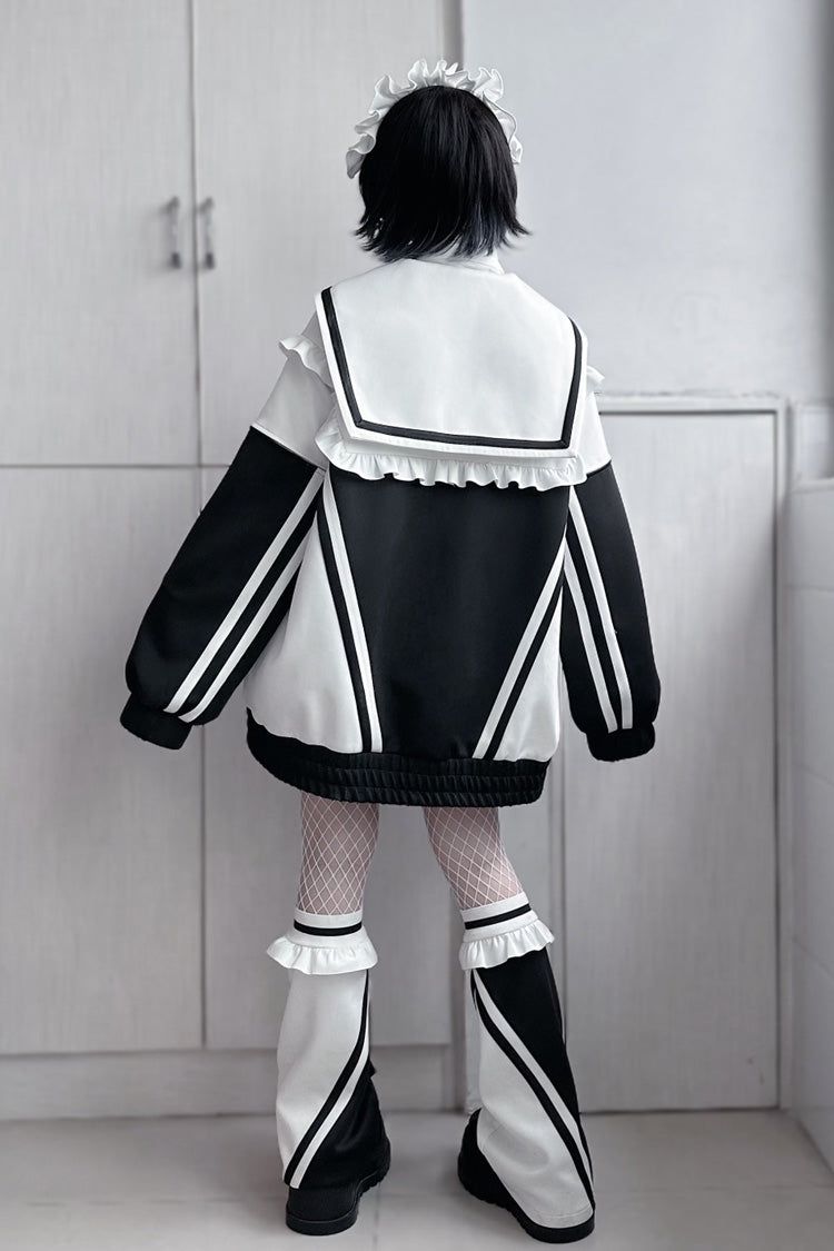 Jirai Kei Long Sleeves Ruffle Color Matching Zipper Coat 3 Colors