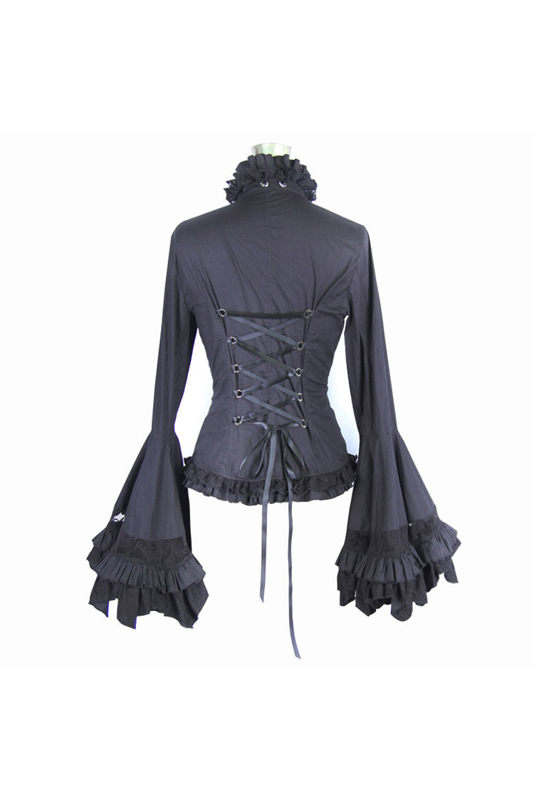 Black Vintage Ruffled With Trumpet Sleeves Women's Punk Blouses