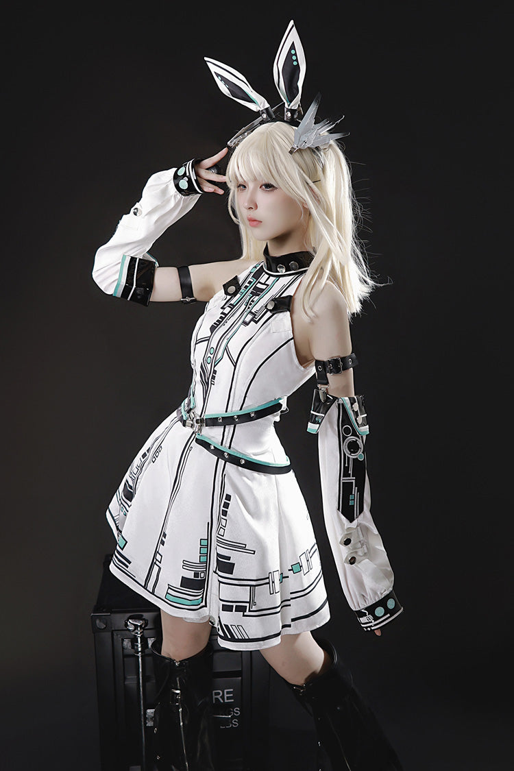 White [Mecha Battle Maiden] Stand Collar Print Futuristic Style Sweet Handsome Lolita Dress