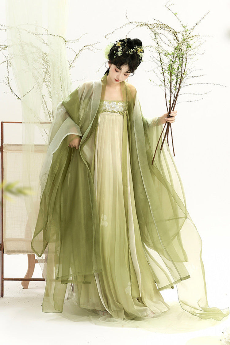 Green [Sea Of Flowers] Long Sleeves High Waisted Printed Embroidered Women's Classic Elegant Hanfu Set