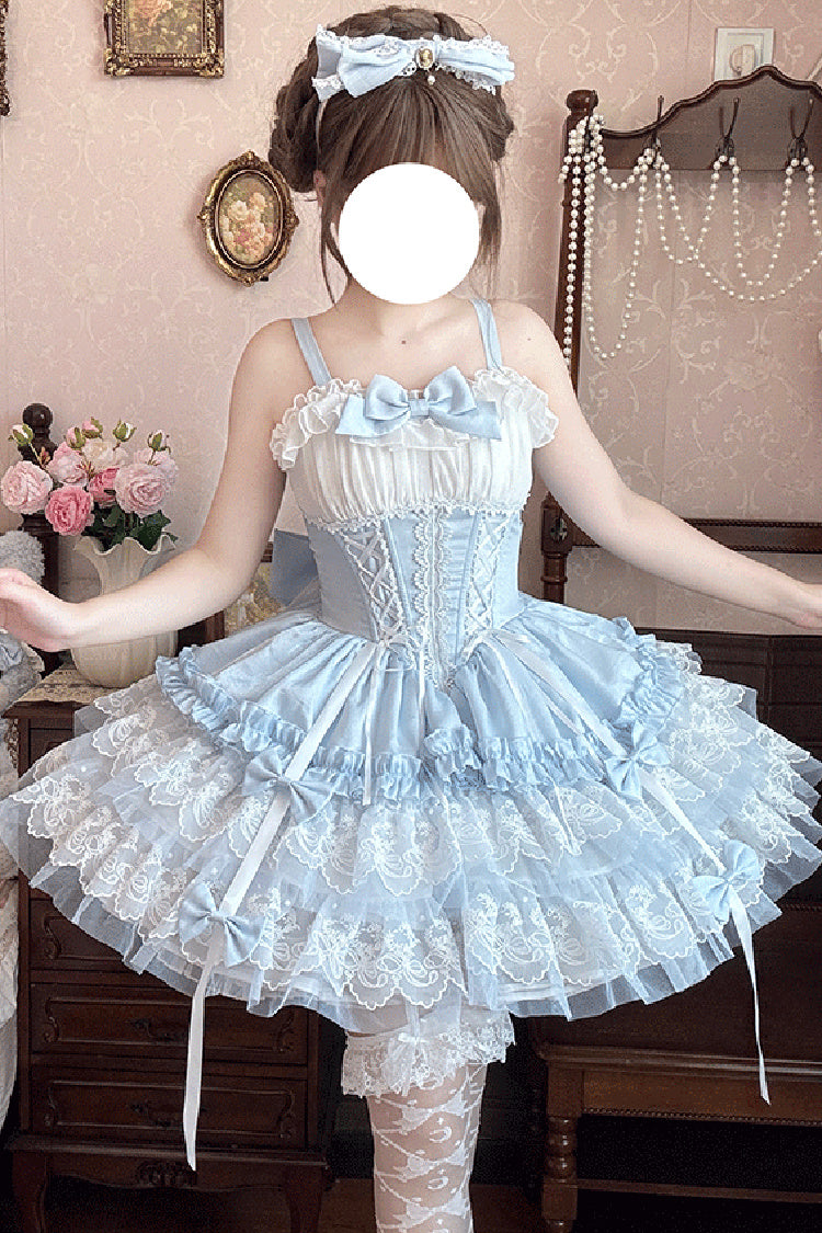 Blue [Dance of Time] Sleeveless Triple-Layered Ruffle Bowknot Lace Lace-Up Sweet Ballet Lolita Jsk Dress