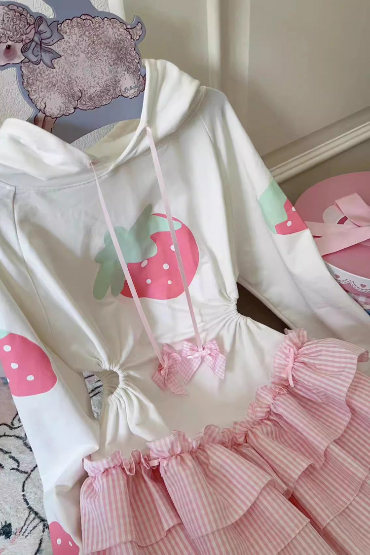 White/Pink Long Sleeves Triple-Layered Strawberry Print Hooded Sweet Lolita Dress