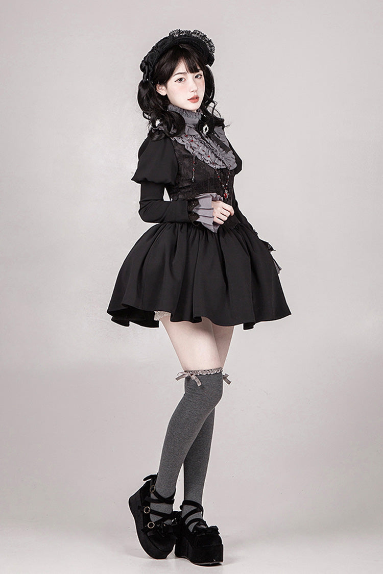 Black [Old Testament] Short Sleeves Ruffle Embroidery Bowknot Lace-Up Gothic Lolita Dress 2 Versions