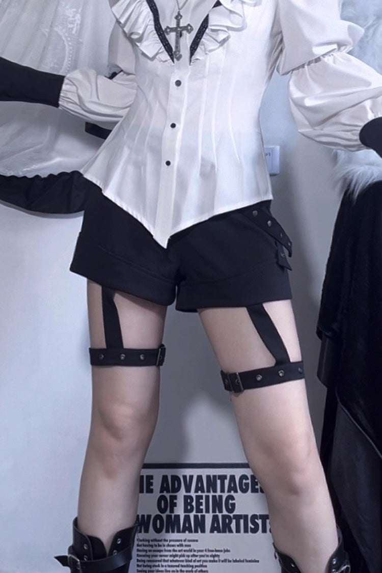 Black/White Stand Collar Long Sleeves Bowknot Gothic Prince Ouji Lolita Blouse Shorts Swallowtail Vest Set