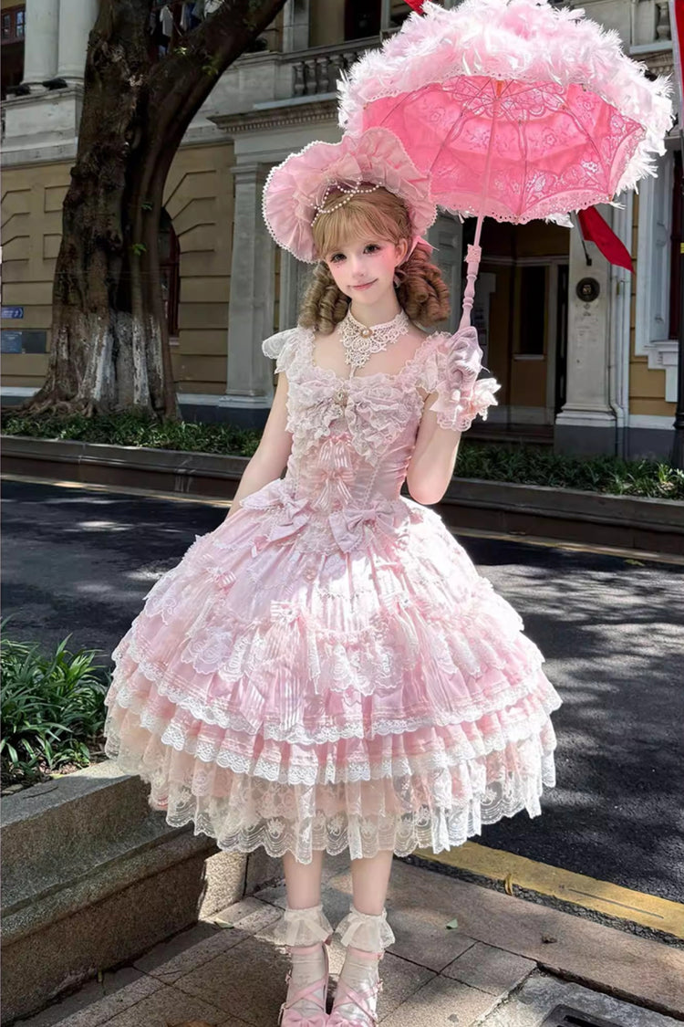 Pink [Moonlit Sakura Ode] Sleeveless Multi-Layered Ruffled Bow Lace Sweet Lolita Dress