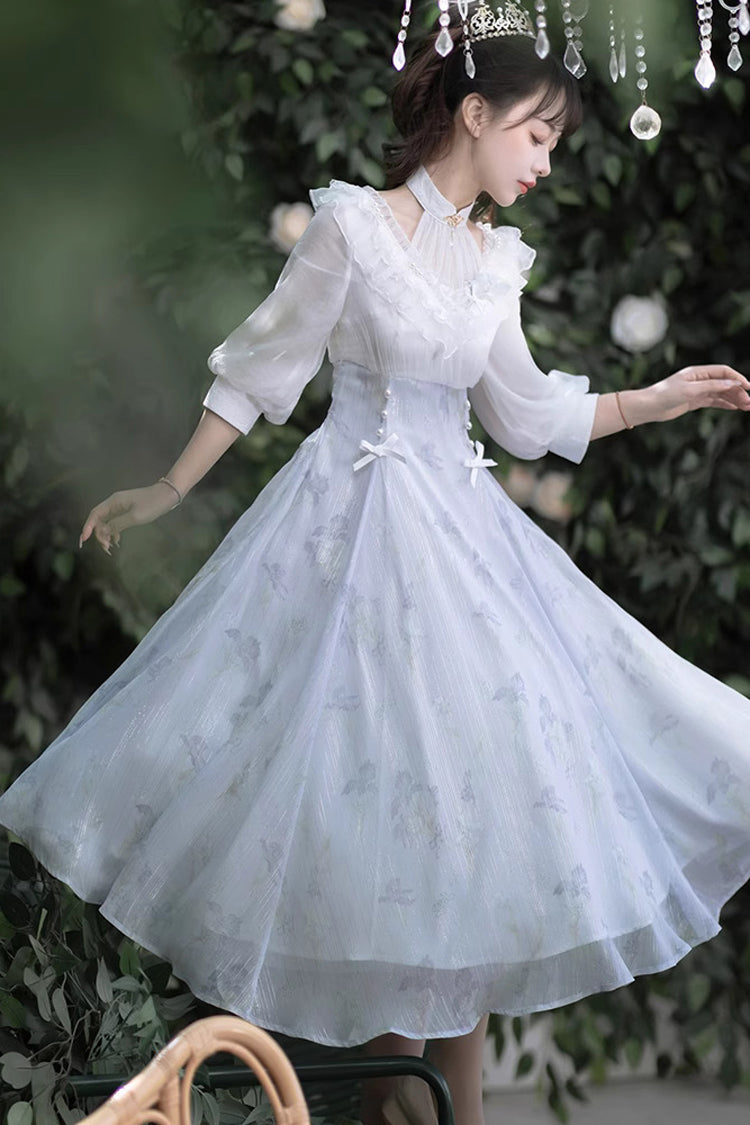 White/Blue Lace V Collar Half Sleeves High Waisted Sweet Lolita OP Dress