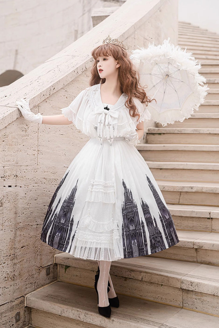 White Sleeveless Print Lace Gothic Vintage Princess Lolita Jsk Dress