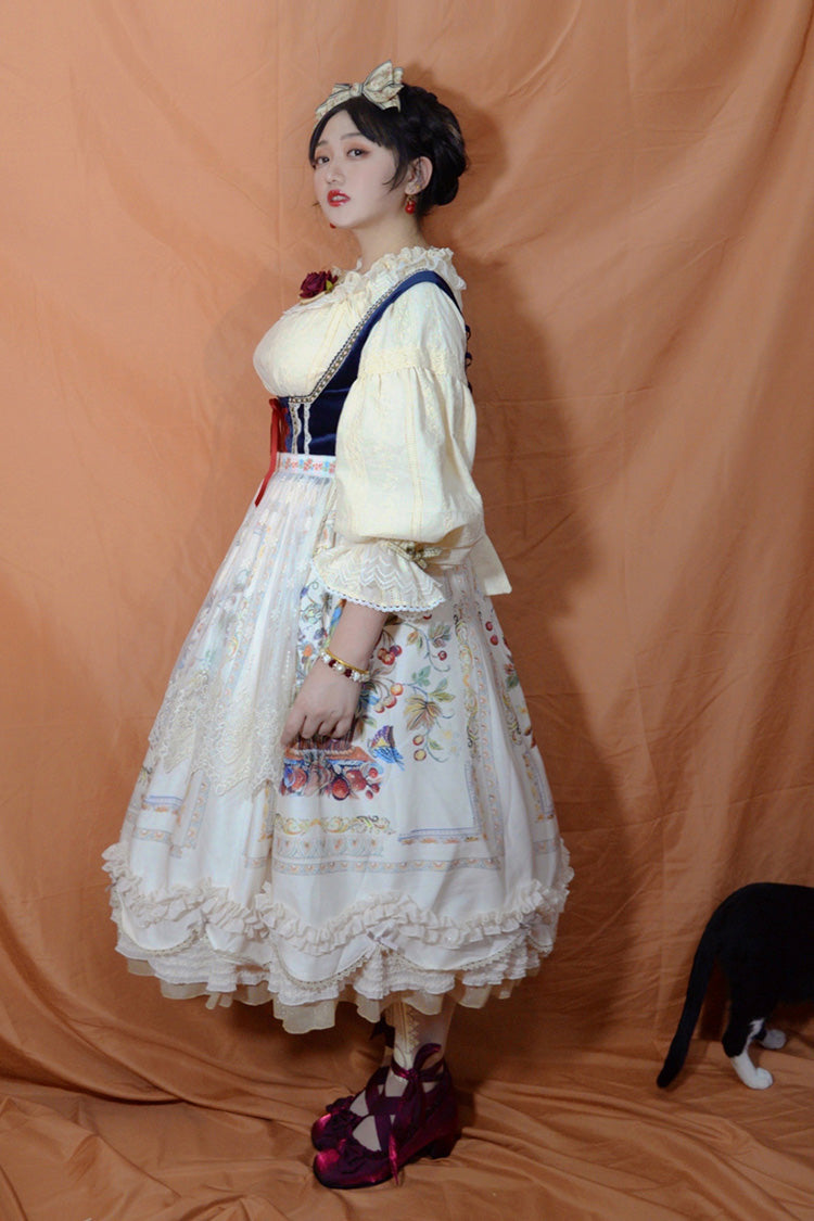 Ivory [Ode to Plenty] Berries and Birds Print Ruffle Bowknot Velvet Classic Lolita Breast Support Jsk Dress
