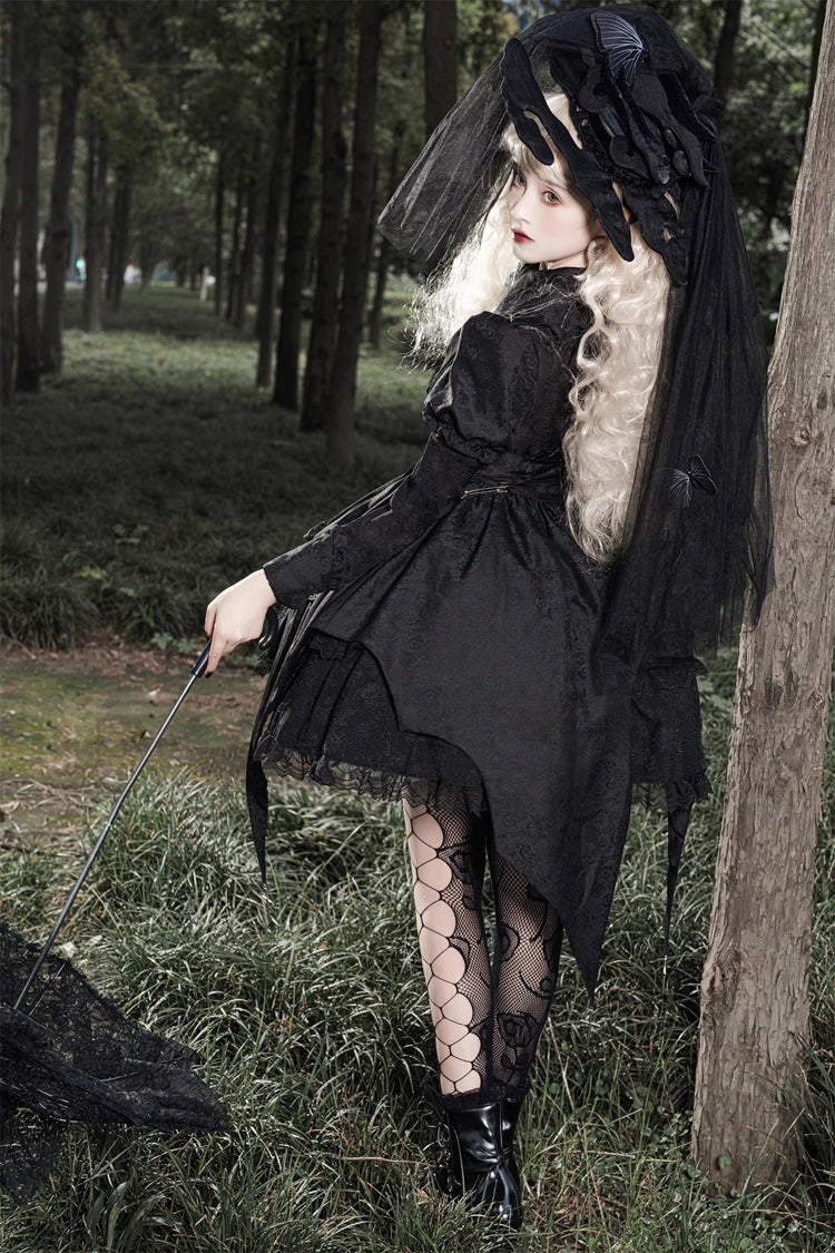 Black Dark Night Law Long Sleeves High Waisted Cardigan Bowknot Lace Gothic Lolita Dress