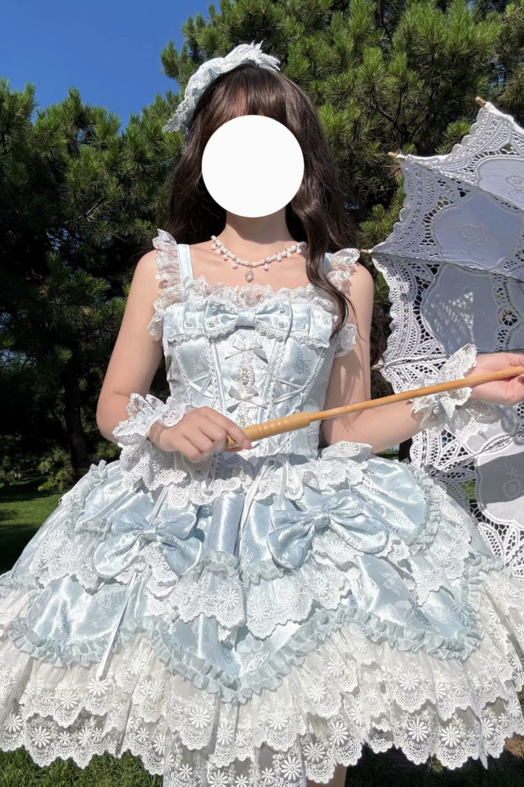 Blaues [Realm of Sea Moon] ärmelloses, mehrlagiges Jacquard-Kleid mit quadratischem Kragen, gerüschter Schleife und Spitze, süßes Lolita-JSK-Kleid zum Schnüren