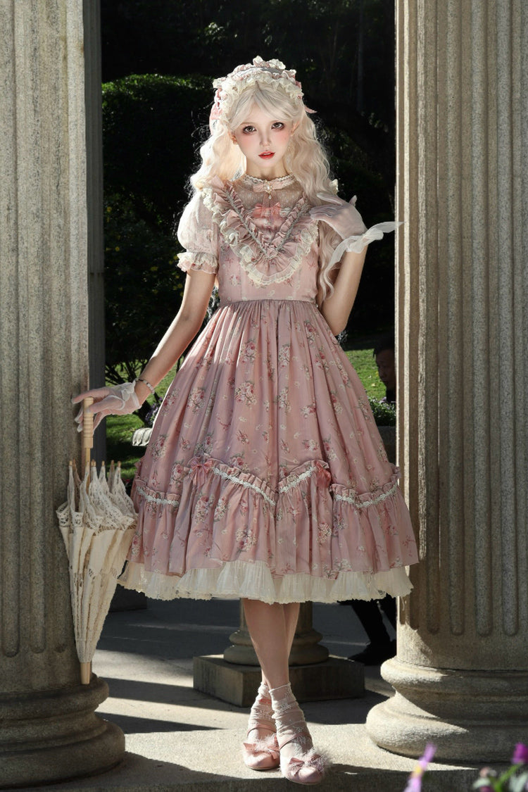[Daydream Rose] Kurzärmliges Kleid mit Blumen-Jacquard-Print, Rüschenstickerei, Schleifenknoten, Sweet Lolita, in 3 Farben 