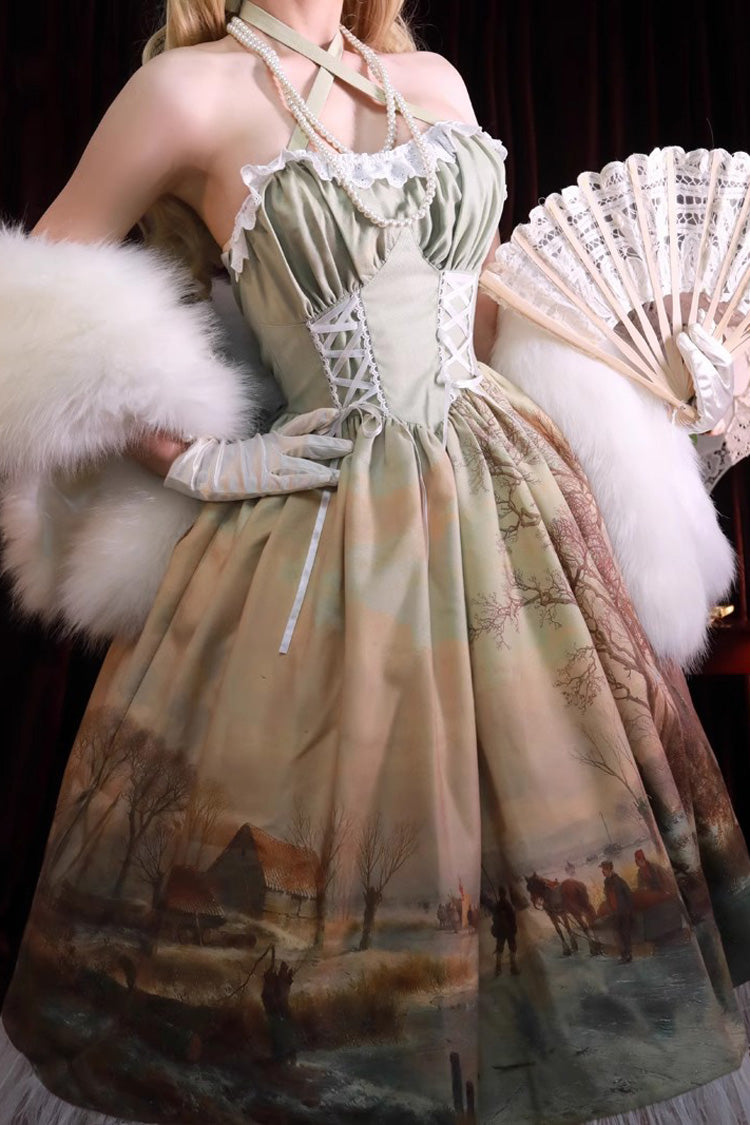 Village Print Ruffle Lace Off Shoulder Elegant Princess Sweet Lolita Jsk Dress 2 Colors