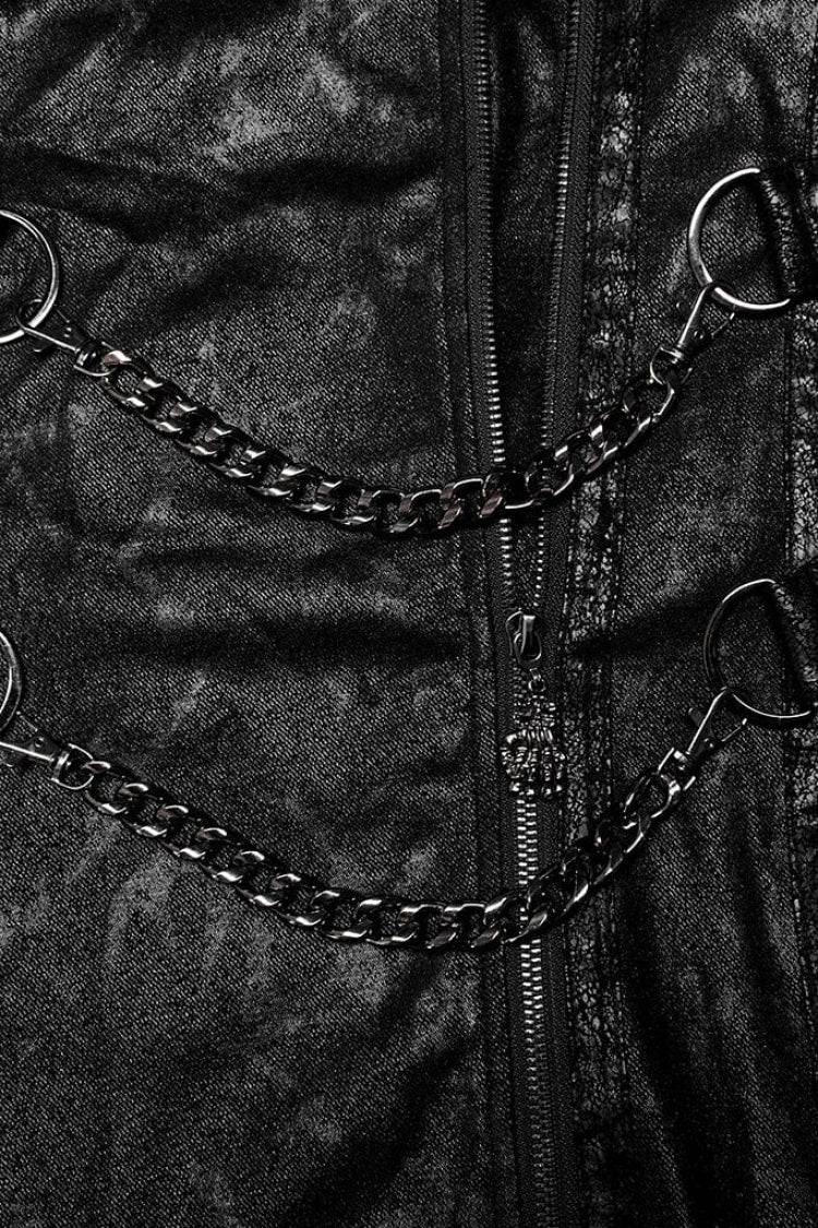 Black Stand Collar Print Asymmetric Metal Chain Zip Mens Steampunk Coat
