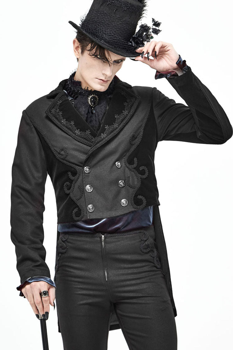 Black Retro Velveteen Front Floral Webbing Metal Button Weft Swallowtail Men's Gothic Coat