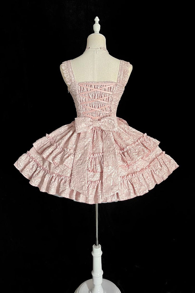 Rosa Weinende Rose Doppellagiges Rüschenstickerei Bowknot Spitze Süßes Ballett Lolita Rock Set
