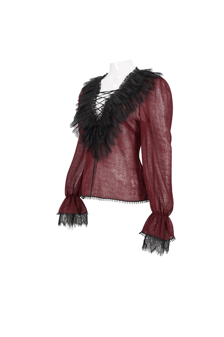 Red Thin Waist Plaid Stitching Layered Lace Long Sleeves Women's Gothic Shirt