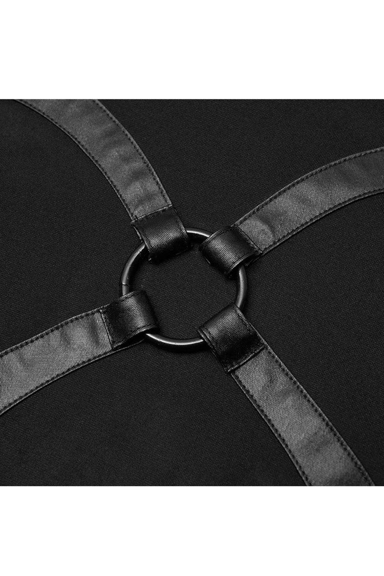 Black High Collar Long Sleeve Front Metal Ring Woven Tape Decoration Irregular Hem Women's Punk T-Shirt