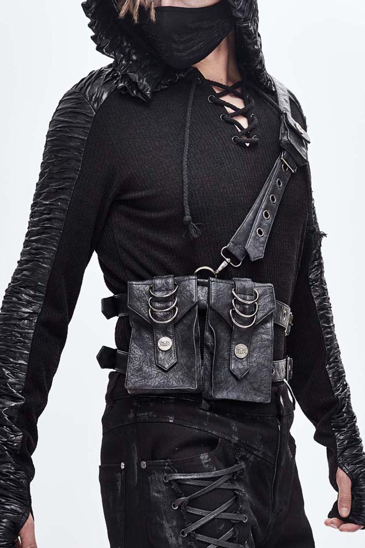 Black Leather Large Capacity Adjustable Fog Flower Men's Gothic Waist Bag
