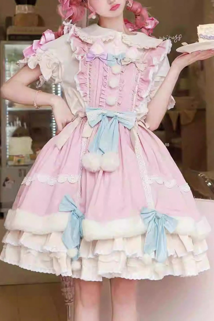 White/Pink Little Fox Multi-layer Ruffle Bowknot Long Sleeves Sweet Lolita Dress