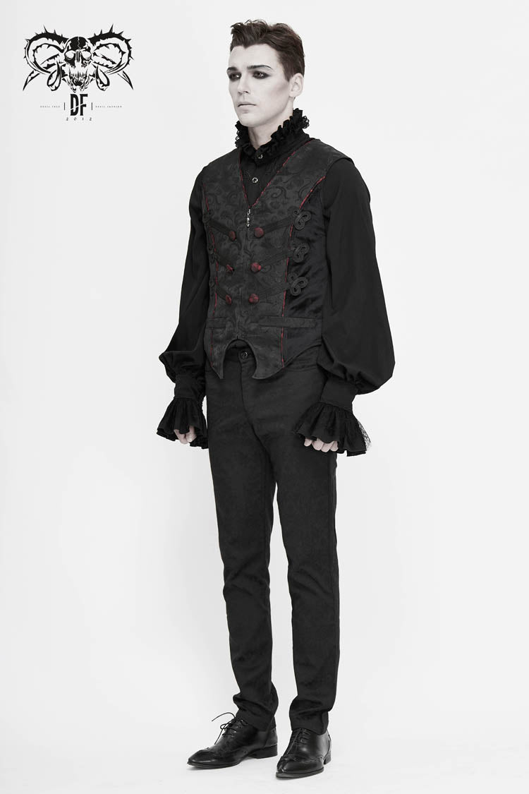 Black Dark Jacquard Chest Plate Buttons Back Lace Up Men's Gothic Waistcoat
