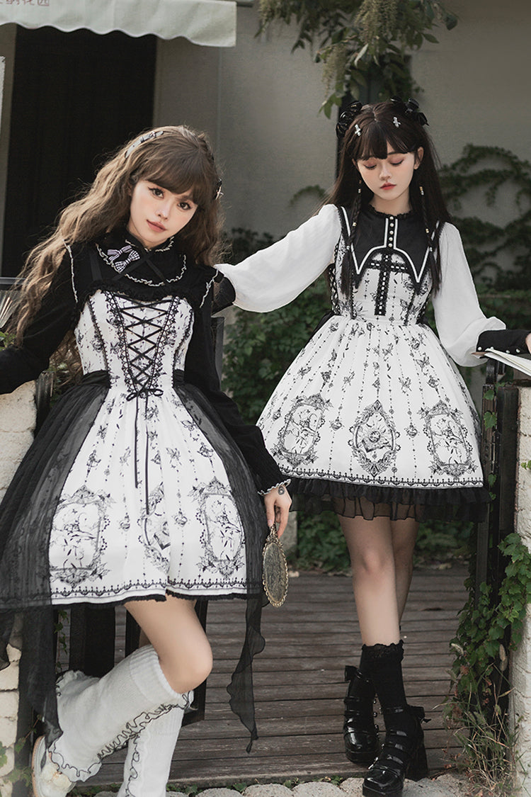 Black/White Long Sleeves Lace Ruffle Butterfly Magic Print Gothic Lolita OP Dress