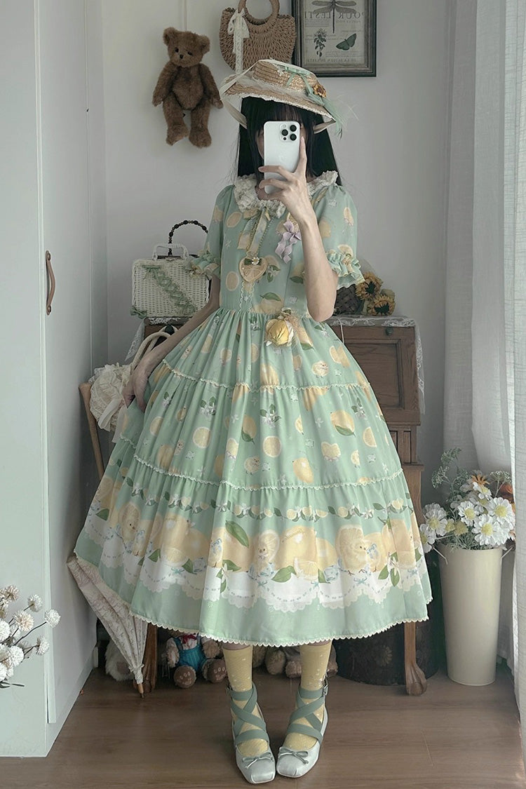 Green [Lemon Chicken] Short Sleeves Print Ruffle Bowknot Lace Daily Sweet Lolita Dress