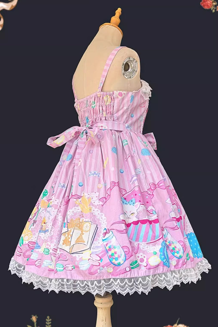 [Macaron Dolly House] Robe Jsk Lolita douce sans manches avec imprimé, nœud et lacets 3 couleurs 