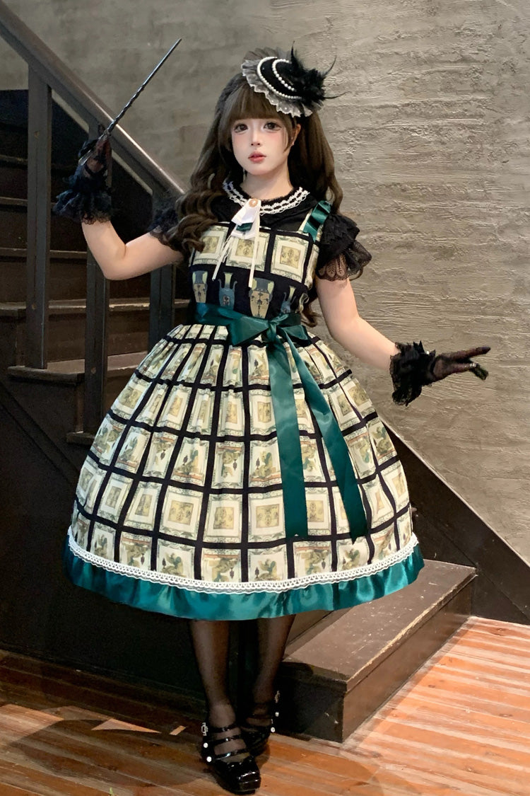 Green [Jade Gallery] Square Collar Sleeveless Printed Ruffled Classic Lolita Jsk Dress