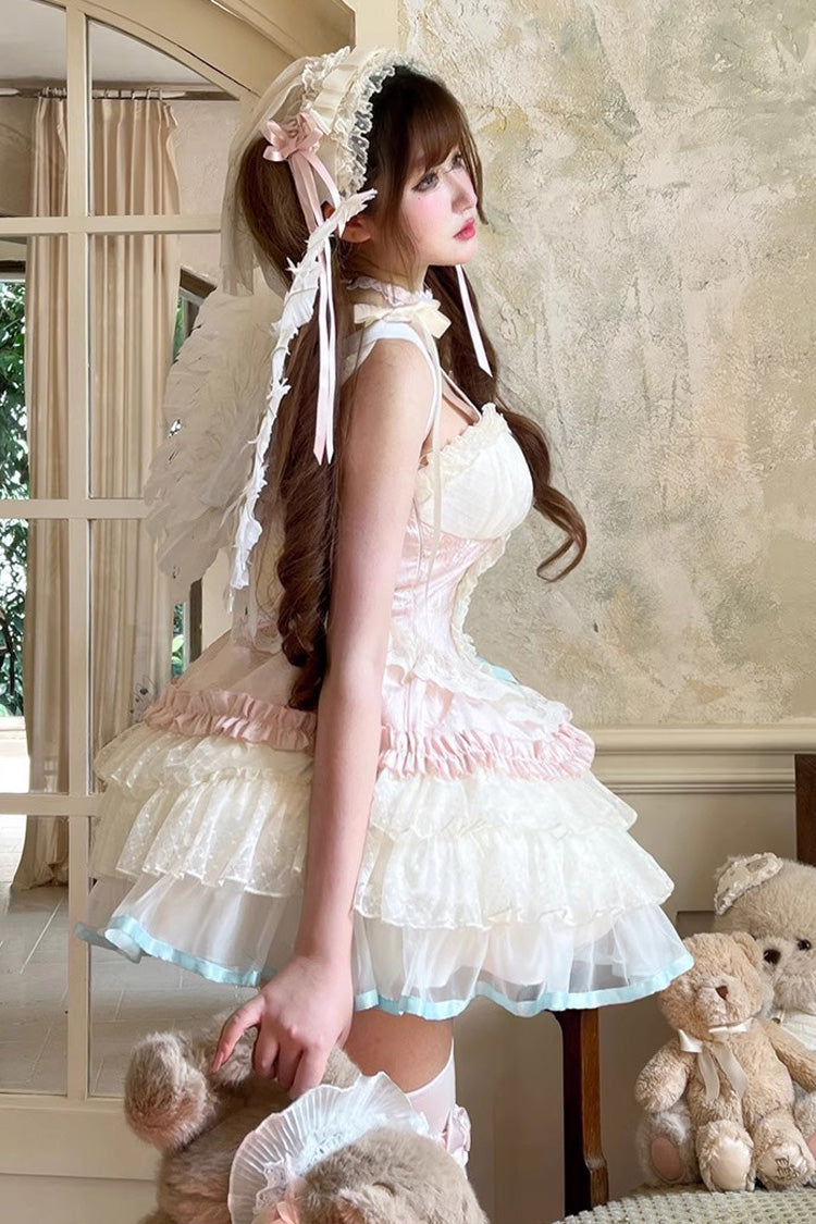 Pink/Beige [Sweet Dream Peach] Sleeveless Multi-Layered Ruffle Bowknot Lace Sweet Ballet Lolita Jsk Dress