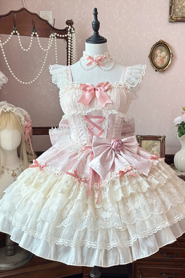 ピンク [ローズカンティクル] ノースリーブ マルチレイヤー ボウノット レース レースアップ パール バレエ スイート ロリータ JSK ドレス 