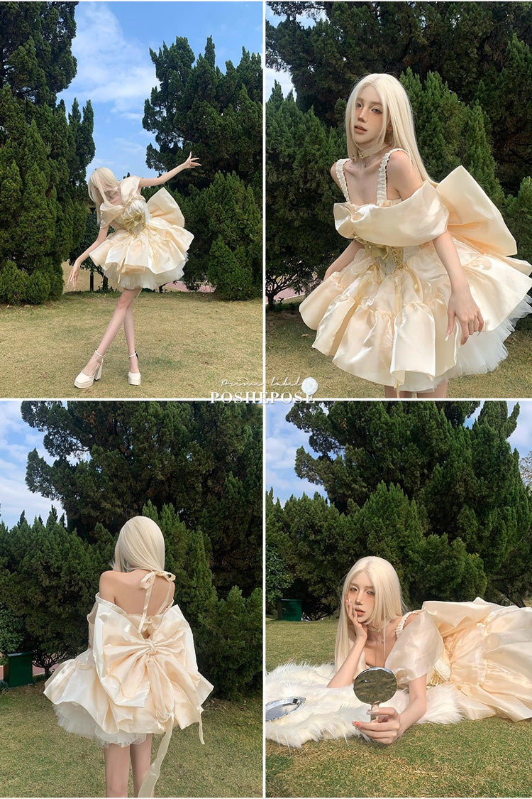 Gold [Proxima Centauri] Off Shoulder Ruffle Bowknot Sweet Princess Lolita Dress