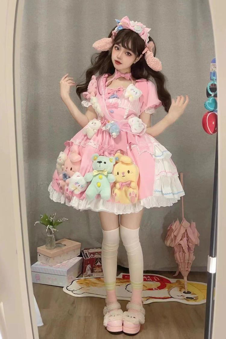 Pink Square Collar Print Doll Party Detachable Sleeves Ruffle Bowknot Sweet Princess Lolita Dress