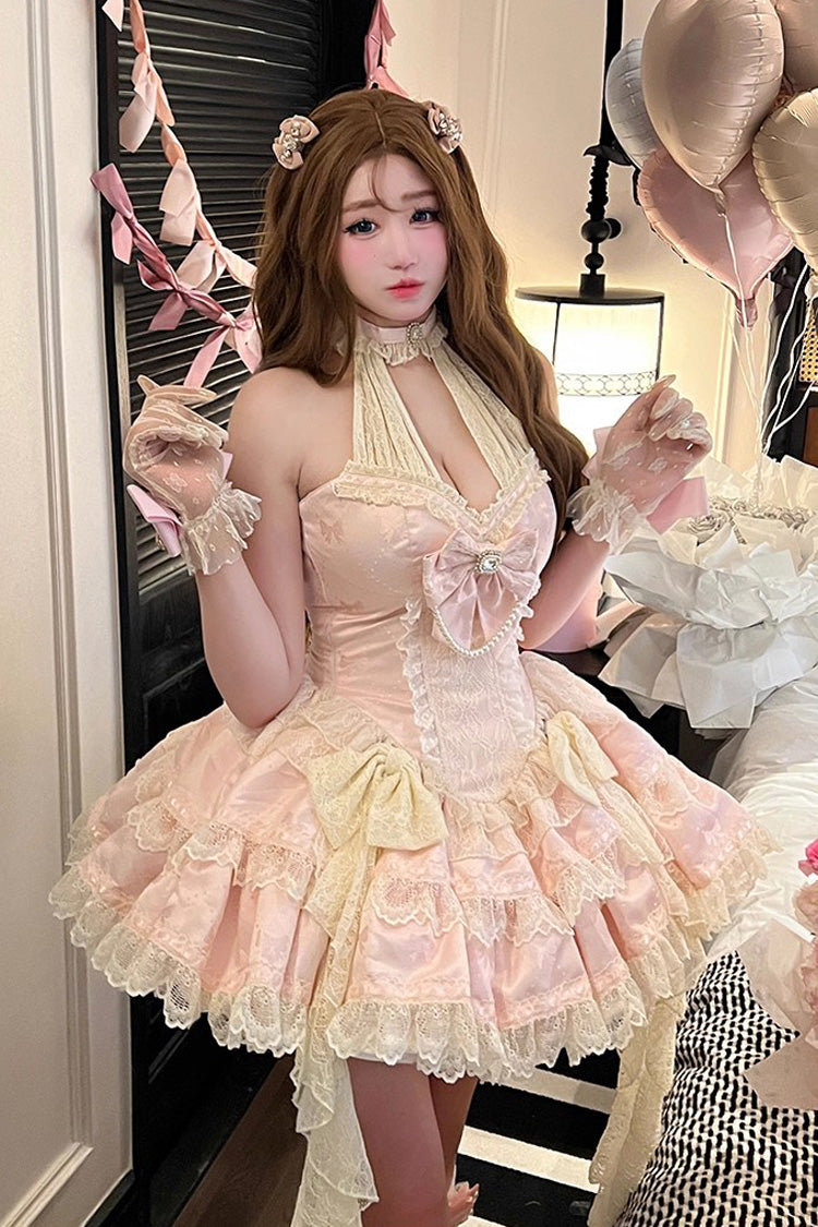 Pink [Beloved Young Lady] Halterneck Sleeveless Double-Layered Ruffle Bowknot Lace Elegant Sweet Lolita Dress