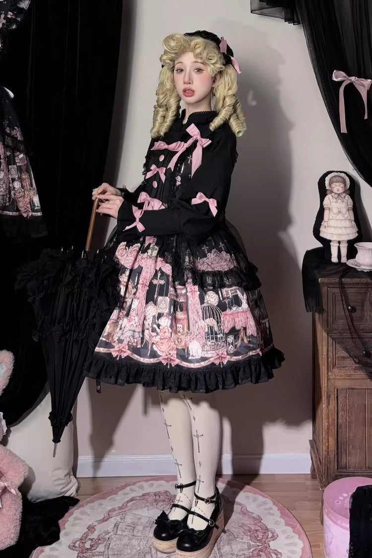 Black [The Case of the Missing Lamb] Print Ruffle Bowknot Lace Gothic Lolita Jsk Dress