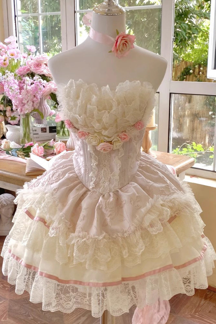 Pink Flower Goddess of Love Ruffle Bowknot Lace Sweet Elegant Lolita Skirt Dress Set