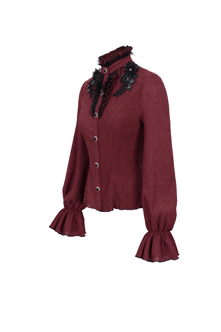 Red Lace High Neck Three Dimensional Embroidered Lantern Trumpet Sleeves Women's Gothic Shirt