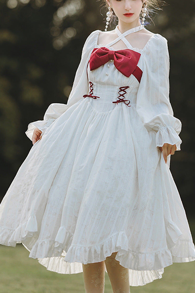 White Roman Covenant Boat Neck Long Sleeves Ruffle Classic Lolita Dress