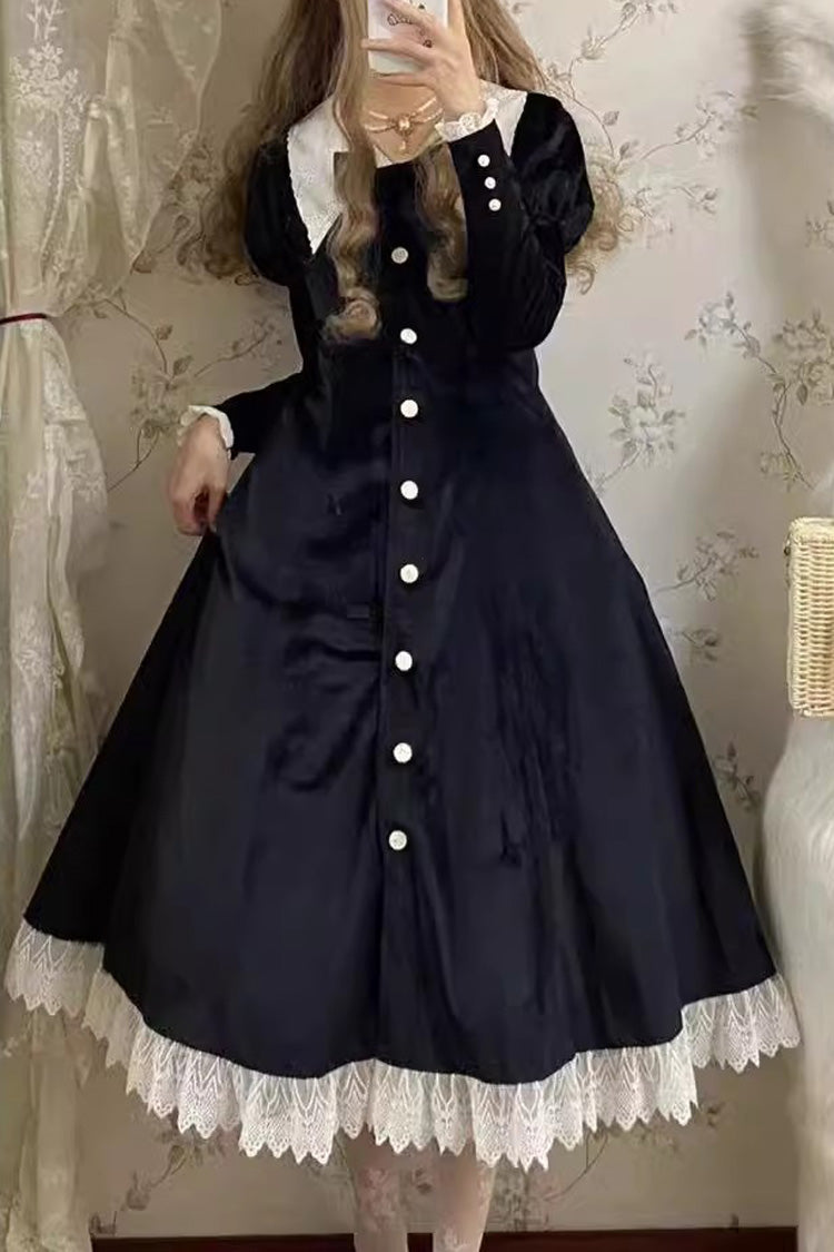 Vintage Lapel Collar Long Sleeves Ruffle Bowknot Elegant Lolita Dress 3 Colors