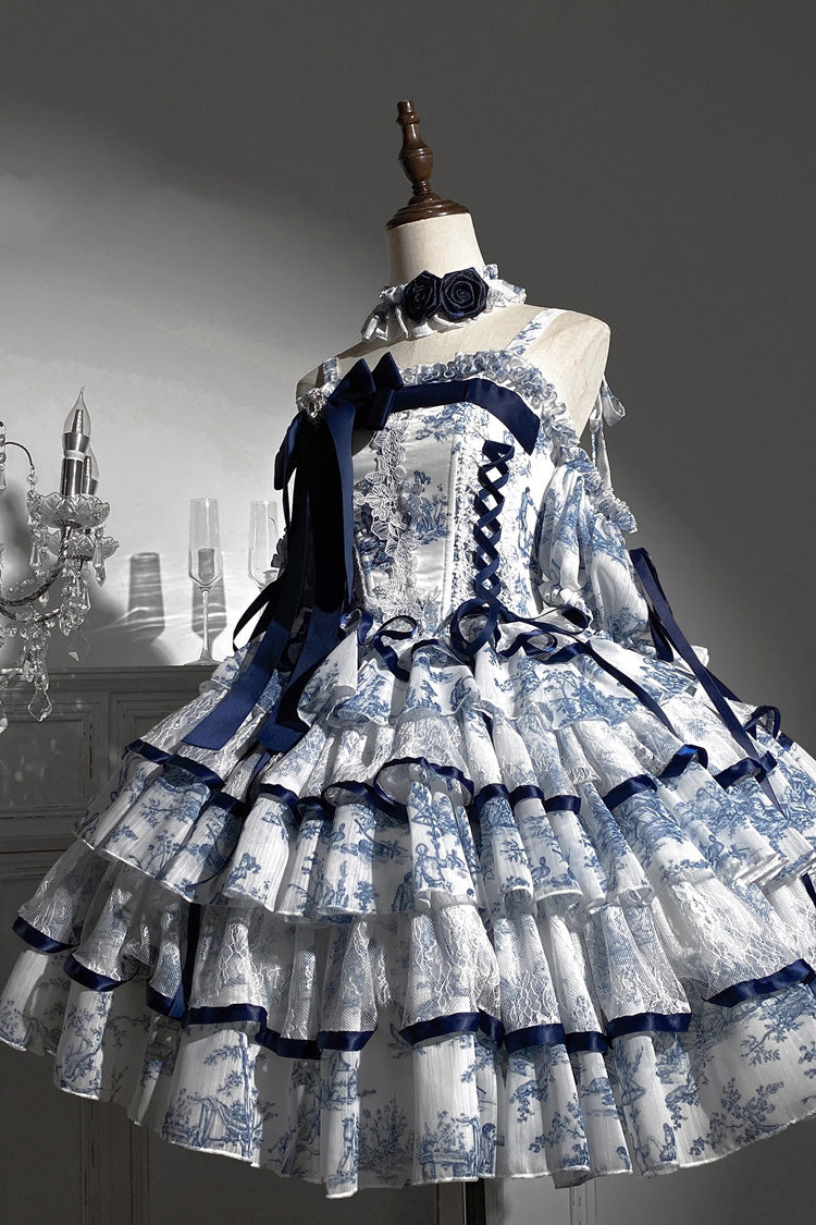 Blue/White Sleeveless Multi-Layered Print Bowknot Fishbone Sweet Classic Chinese Style Lolita Jsk Long Dress