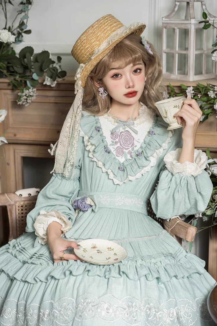 Green Long Sleeves Ruffle Embroidery Bowknot Sweet Plus Size Elegant Lolita Dress