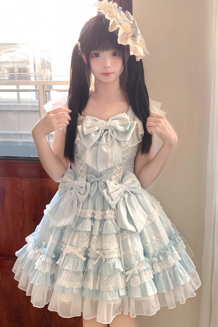 ブルー【スノートップドール】ノースリーブ多層フリルリボンレースプリンセススイートロリータティアードドレス