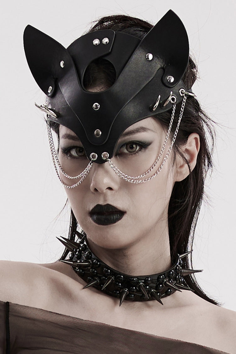 Black Metal Chain Fox Faux Leather Women's Steampunk Mask