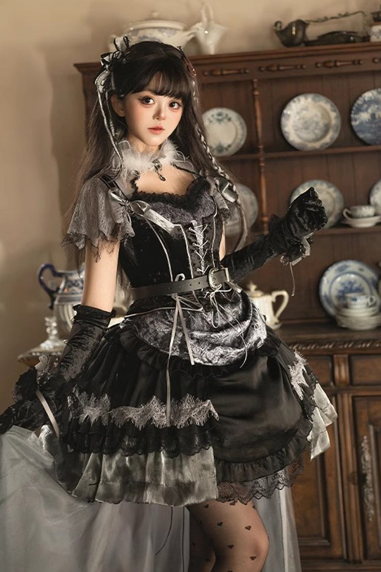 Schwarzes [Dunkle Nacht Rose] Kurzarm Print Rüschen Schleifchen Spitze Asymmetrisches Gothic Lolita Kleid 